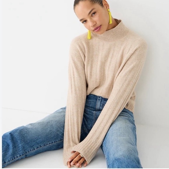 J.Crew Wool Ribbed Mock Neck Sweater Tan Alpaca New Small Quiet Luxury Chic - Picture 1 of 9